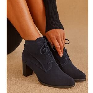 AGL 8.5 Italian Suede Lace Up Granny Ankle Boots Heel Bootie Black 38.5